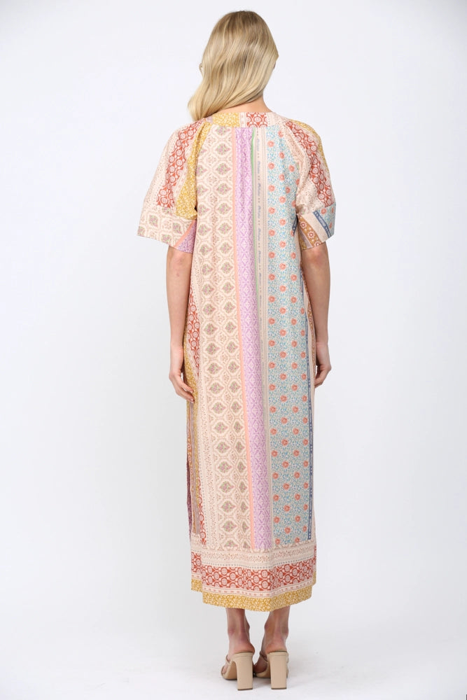 Beige Patchwork Print V-Neckline Kaftan Style Dress