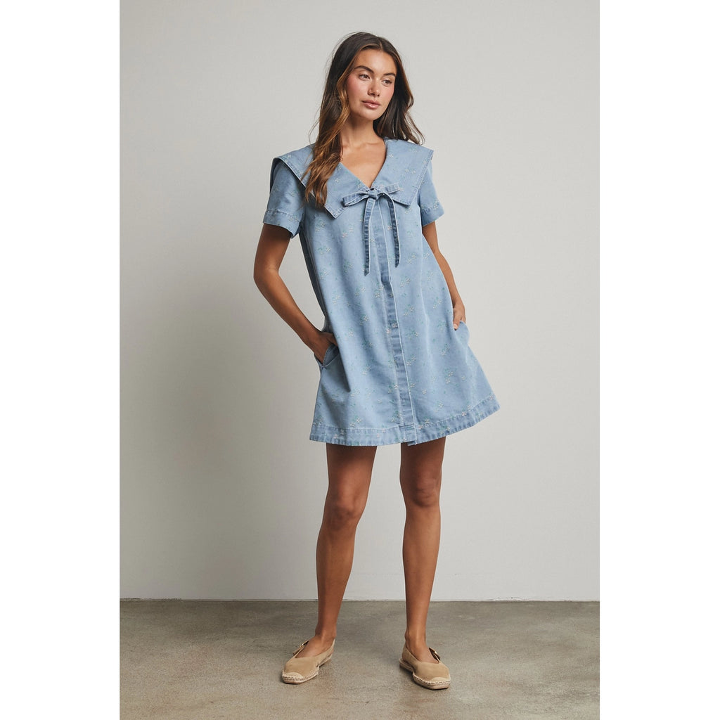 Denim Floral Peter Pan Collar Mini Dress
