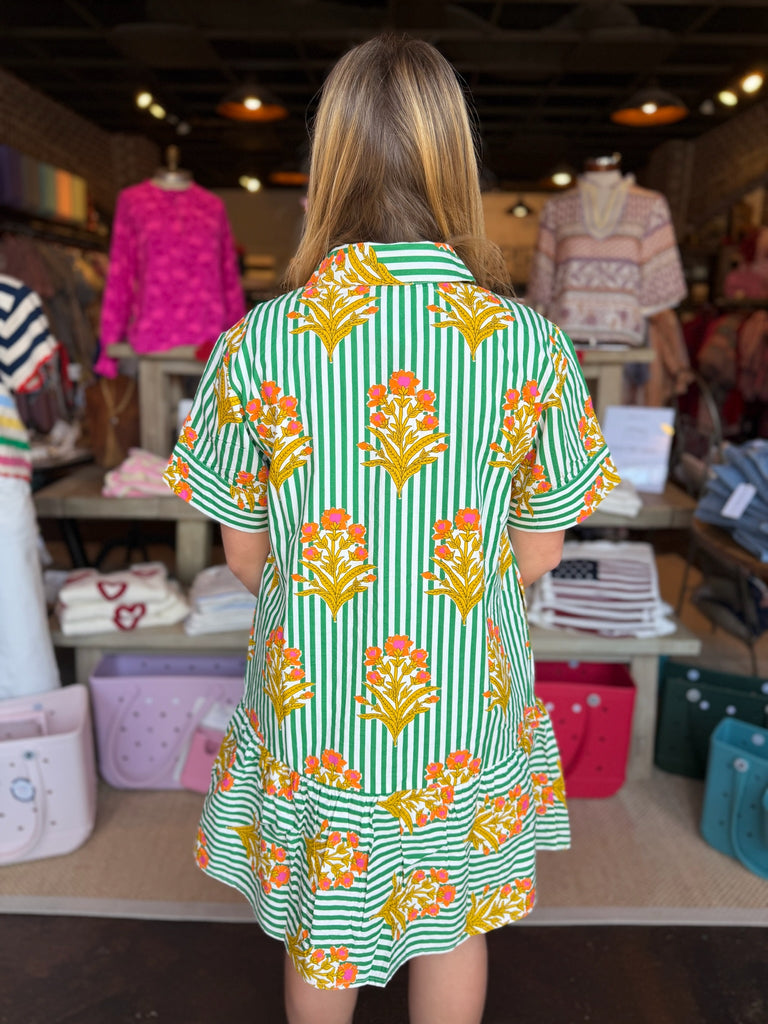 Green Floral Striped Pattern Dress
