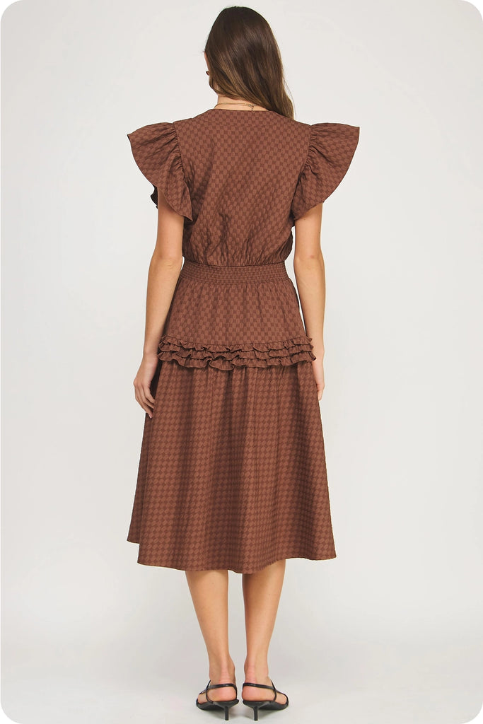 FINAL SALE - Chocolate Textured Ruffle Midi Dress