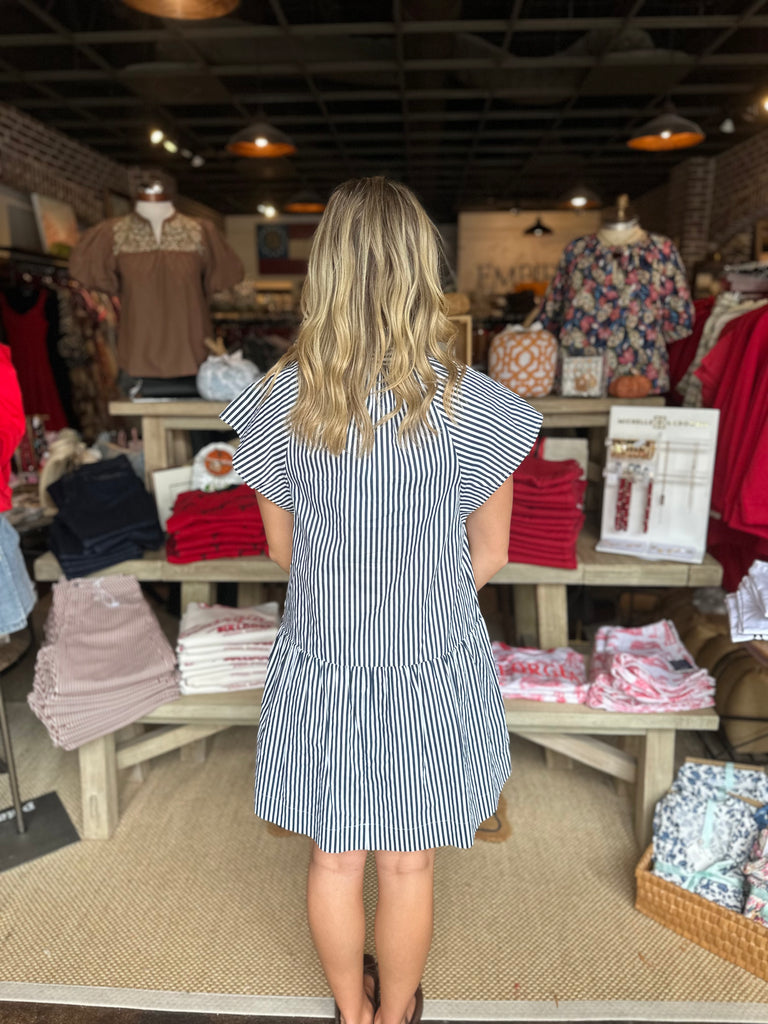 Navy Stripe Ruffle Neck Mini Dress