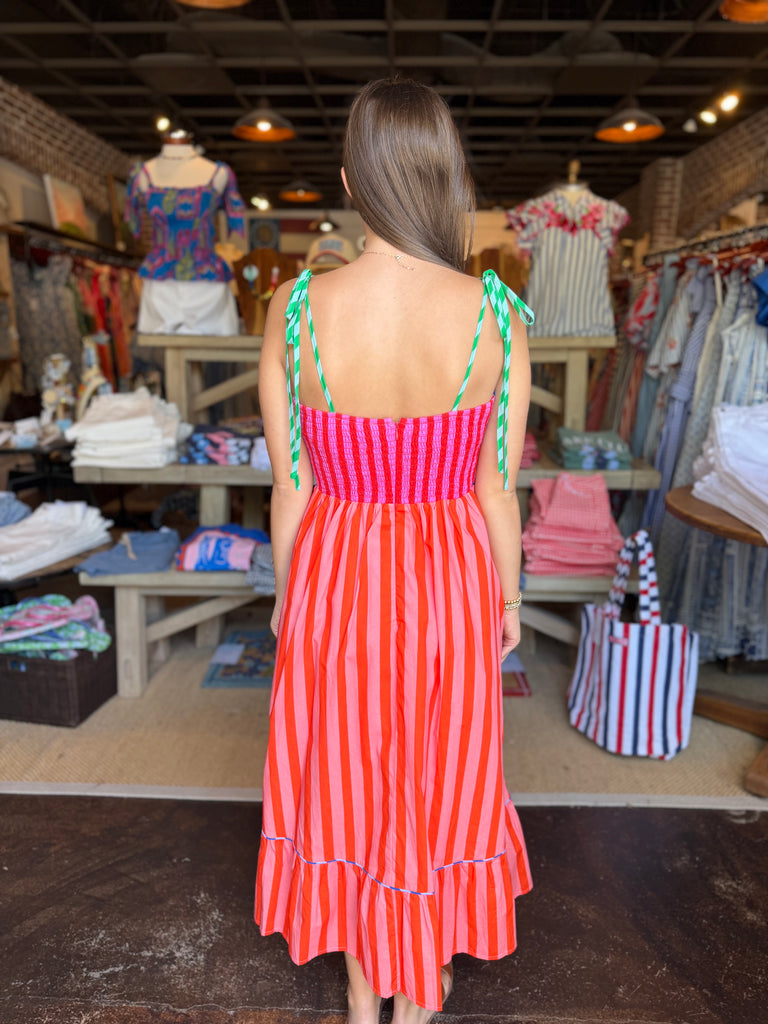 Fuschia Stripe Color Block Tie Shoulder Maxi Dress