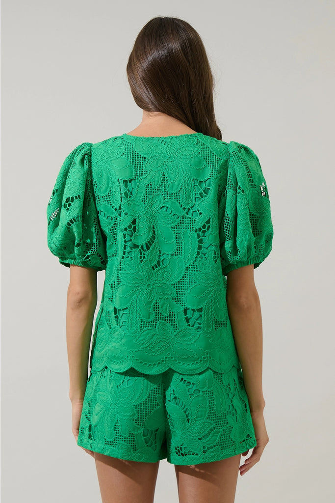 Friona Eyelet Puff Sleeve Top Kelly Green