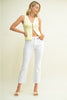 White High Rise Crop Flare w/ Distressed Hem Pant