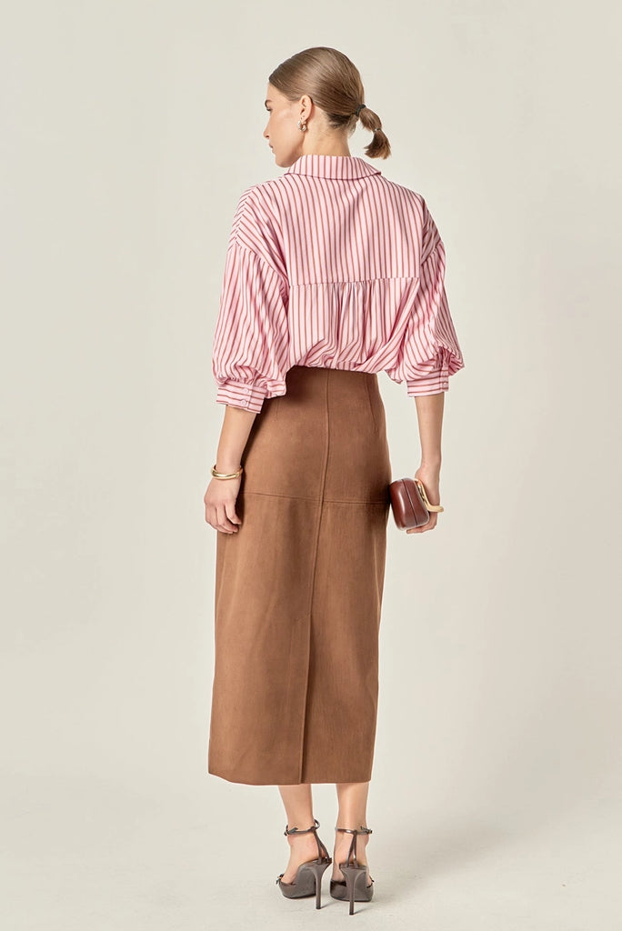 Pink/Tan Striped Balloon Sleeve Top