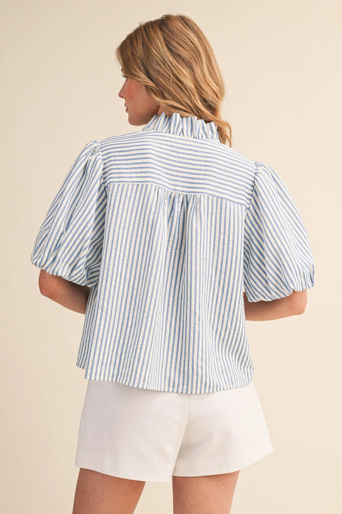 Striped Ruffle Short Sleeve Button Up Top