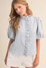 Striped Ruffle Short Sleeve Button Up Top