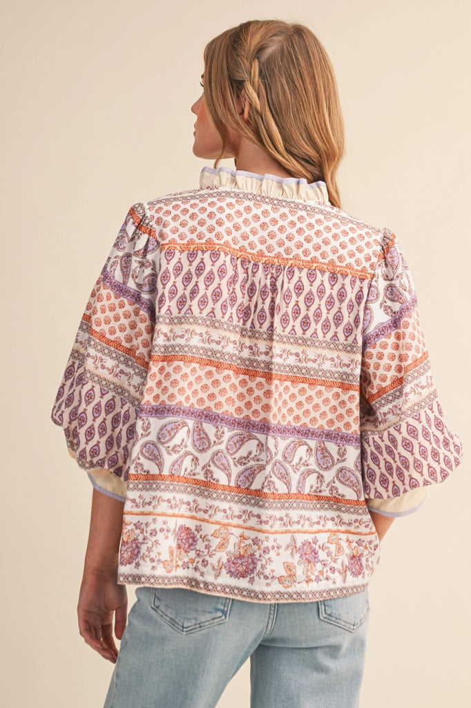 Sand Multi Bubble Sleeve V-Neck Top