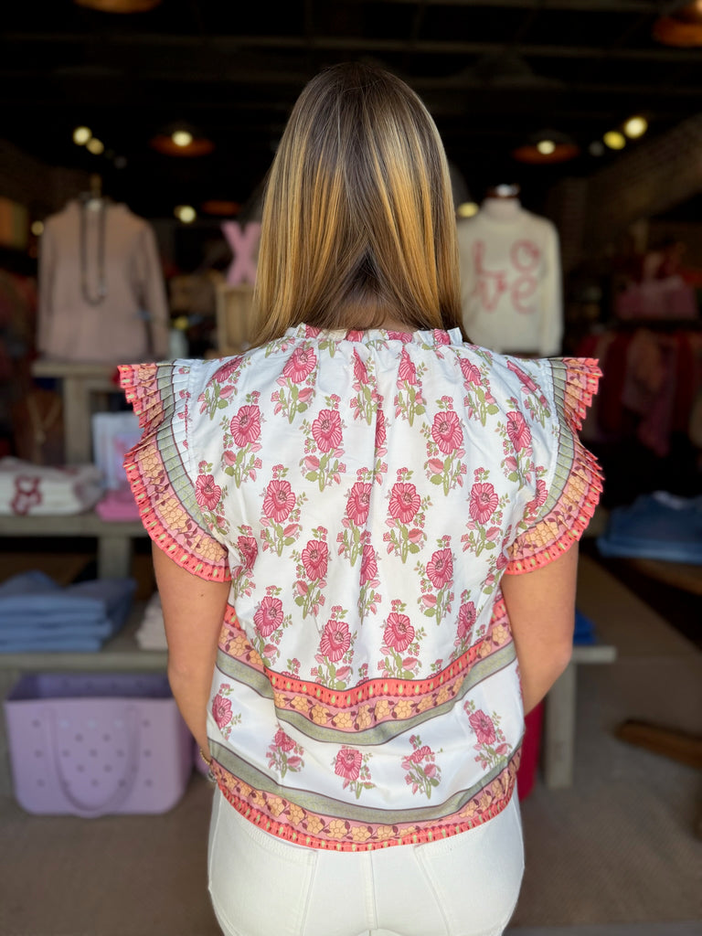 Floral Poplin Top White & Pink