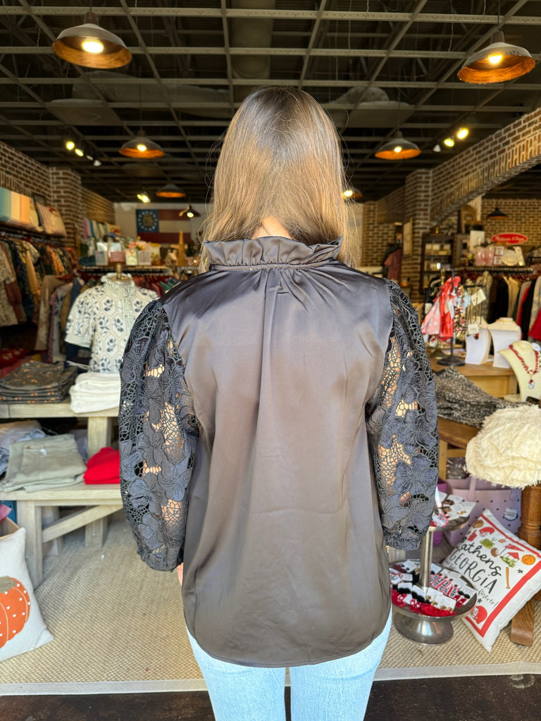 FINAL SALE - Black Floral Lace Long Sleeve Top