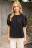 FINAL SALE - Black Floral Organza Puff Sleeve Waffle Knit Top