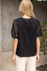 FINAL SALE - Black Floral Organza Puff Sleeve Waffle Knit Top