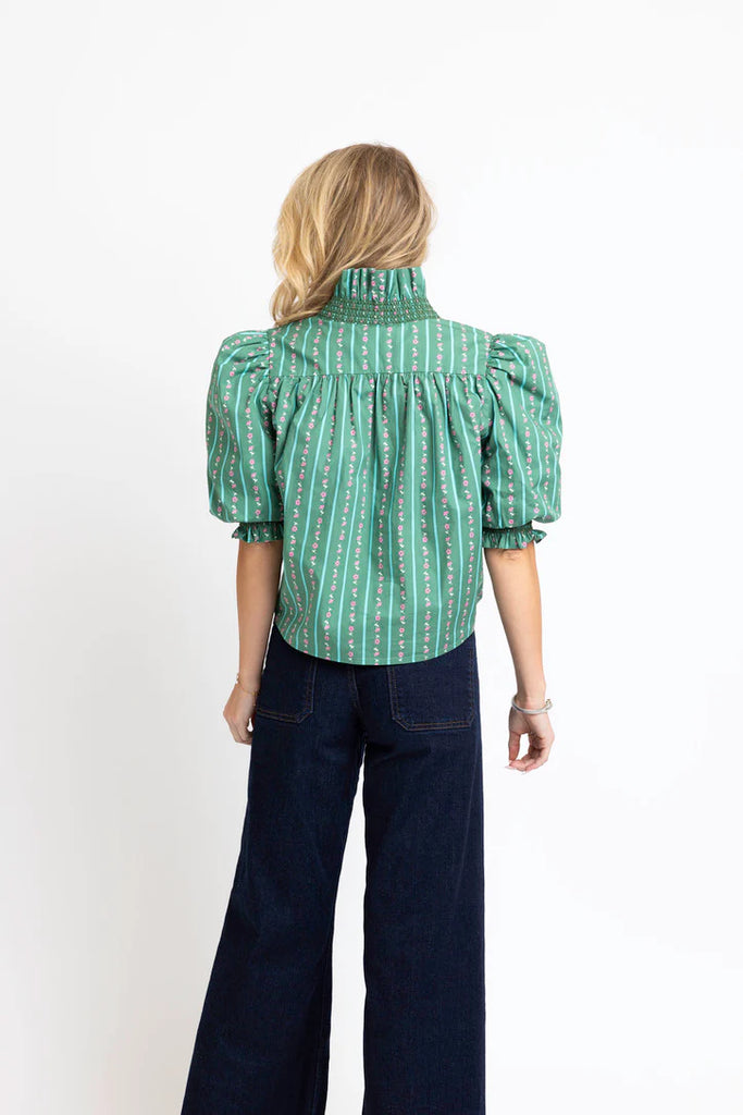 FINAL SALE - Green Floral Ditzy Stripe Ruffle Top