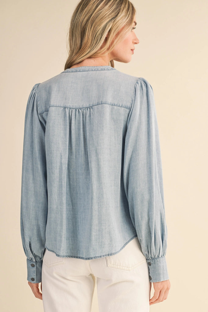 FINAL SALE - Chambray Denim Pintuck Detail Top
