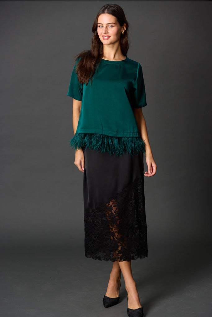 FINAL SALE - Satin Feather Trim Top