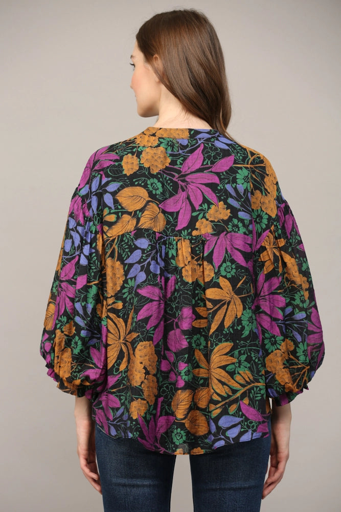 FINAL SALE - Bold Floral Print Bubble Sleeve Blouse