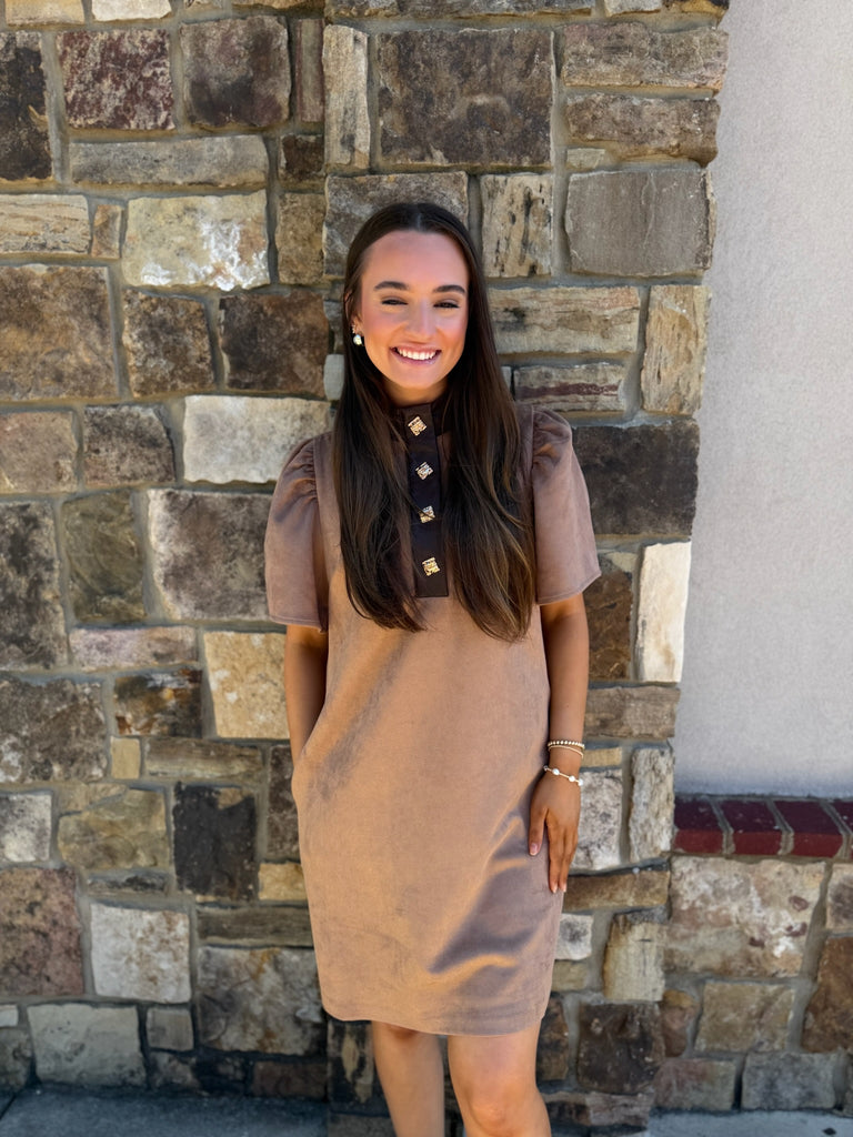 Tan Suede Dress w/ Gold Buttons