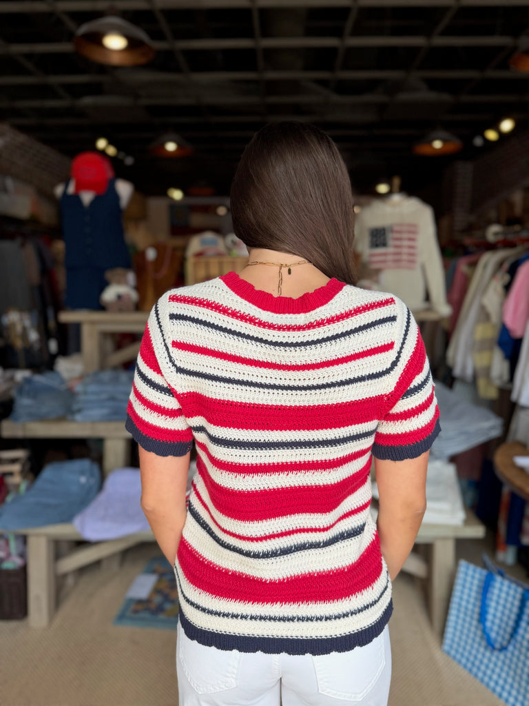 Striped Short Sleeve Crochet Knit Top Multi