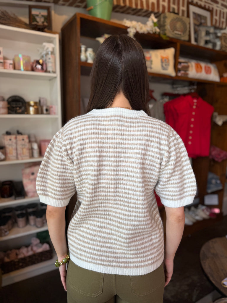 Beige/Ivory Striped Puff Sleeve Sweater