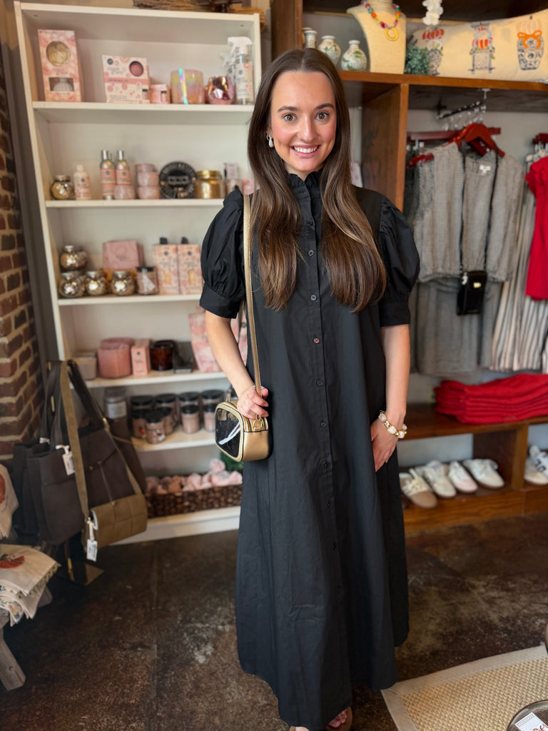 Black Solid Poplin Ruffle Neck Maxi Shirt Dress