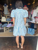 Blue Floral Stripe Puff Sleeve Mini Dress