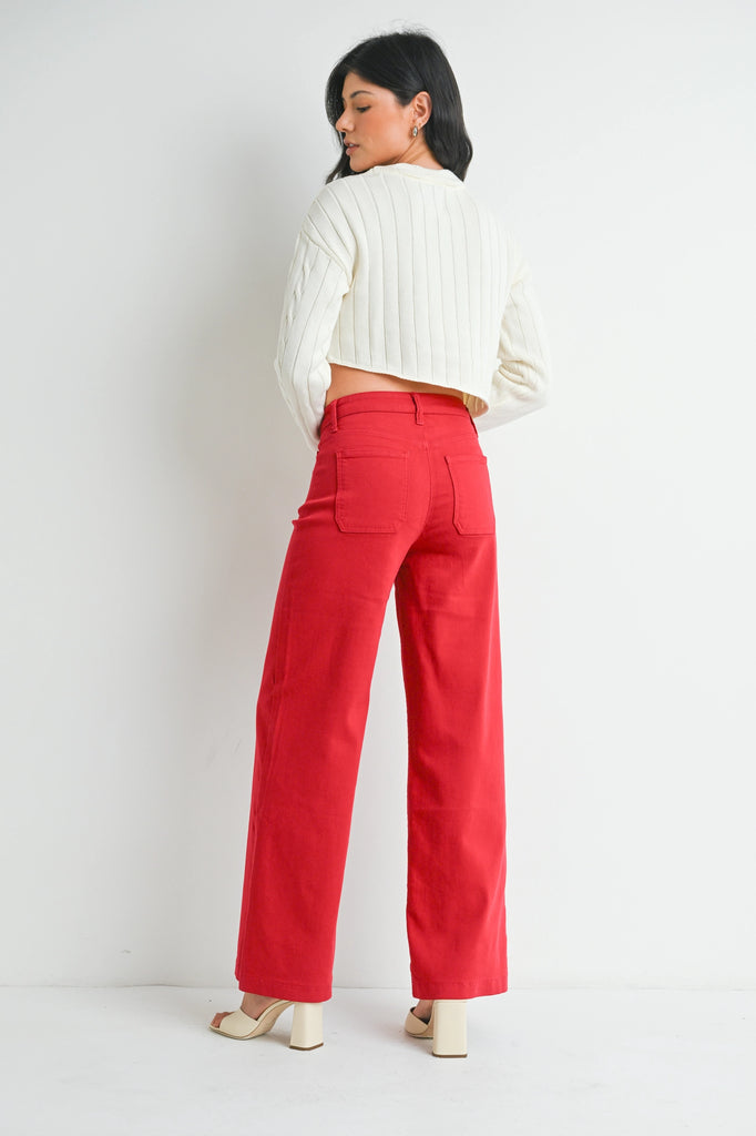 Dark Red Mini Patch Pocket Wide Leg Pant